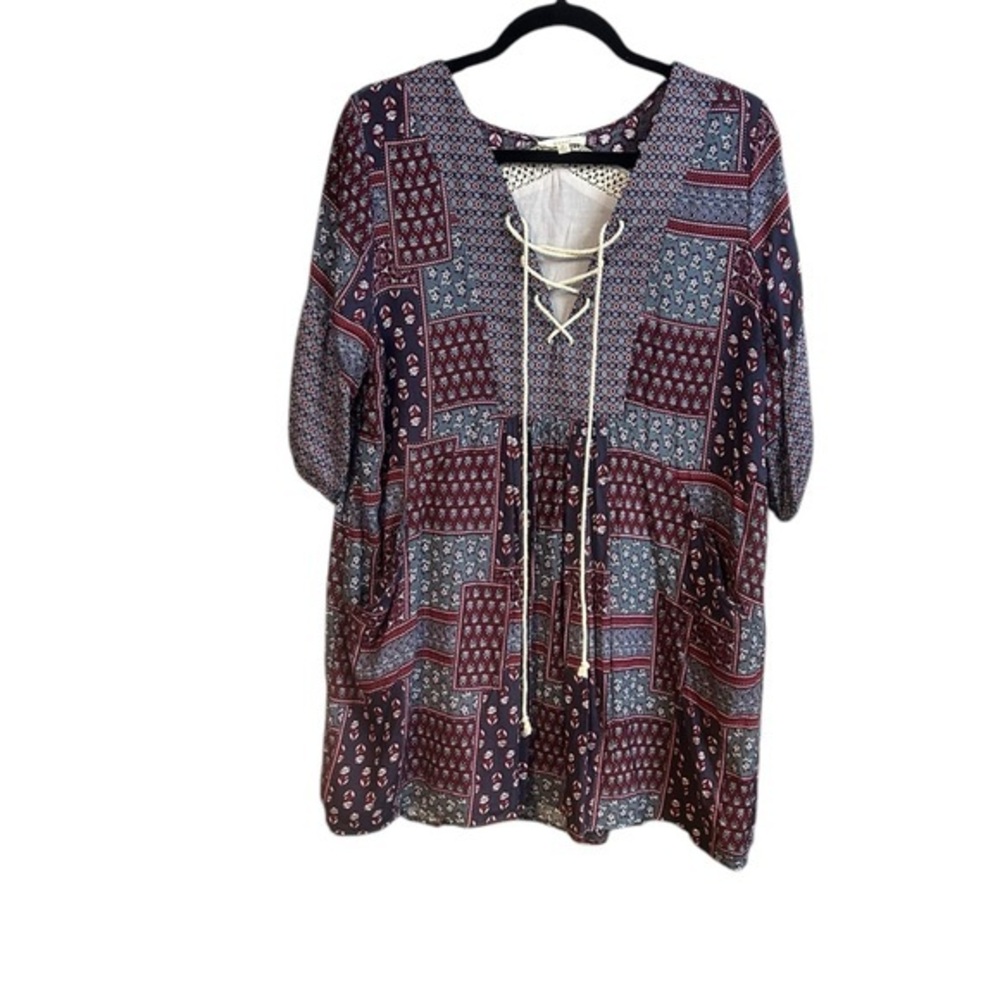 Easel Women’s Bohemian Patchwork Lace-Up Top - Multicolor Medium